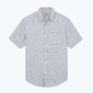 Alex Crane Ola Linen Stripes Short Sleeve Button Down Shirt Men’s Small Grey/WHT